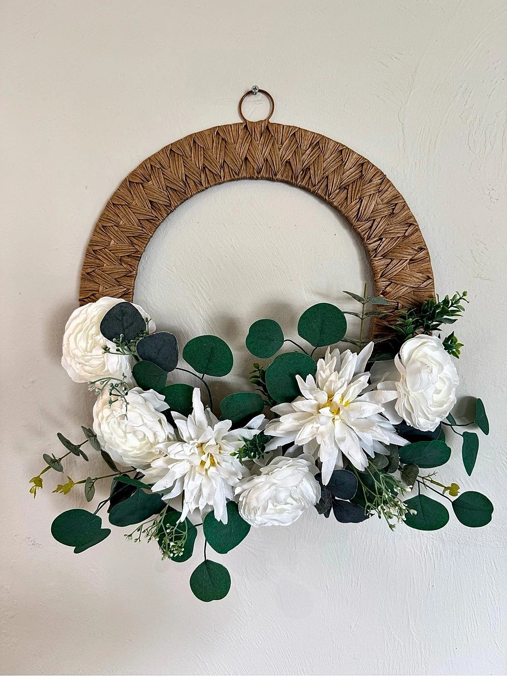 White Floral Greenery Woven Wreath 16” Farmhouse Boho Wall Door Decor